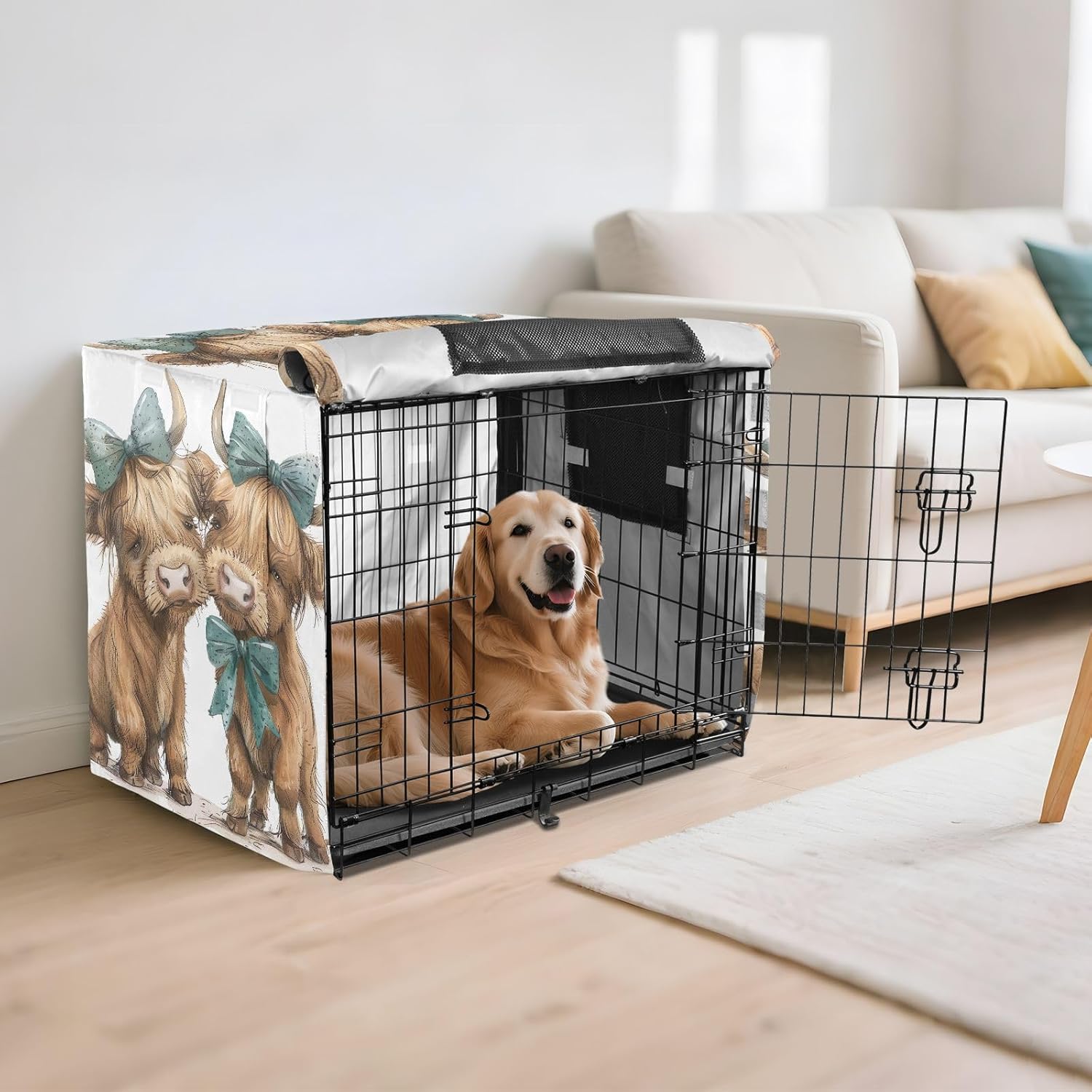 Cute Highland Cows Dog Crate Covers Easy to Install, Pet Cage Cover with Mesh Windows, Large