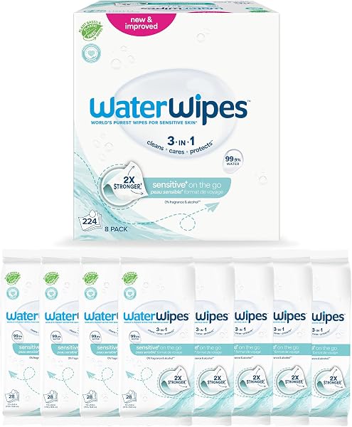 WaterWipes On The Go, 224 Salviette (8 Confezioni), Salviette Umidificate al 99.9% a base di Acqua, Ideali per Viaggi, Progettate per Viso e Corpo - 1