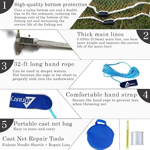 Vista 10 de Drasry Saltwater Fishing Cast Net for Bait 3/8 1/4 or 1/2 with Heavy Sinkers Fish Trap Throw Net. Size 3ft/4ft/5ft/6ft/7ft/8ft/9ft/10ft Radius