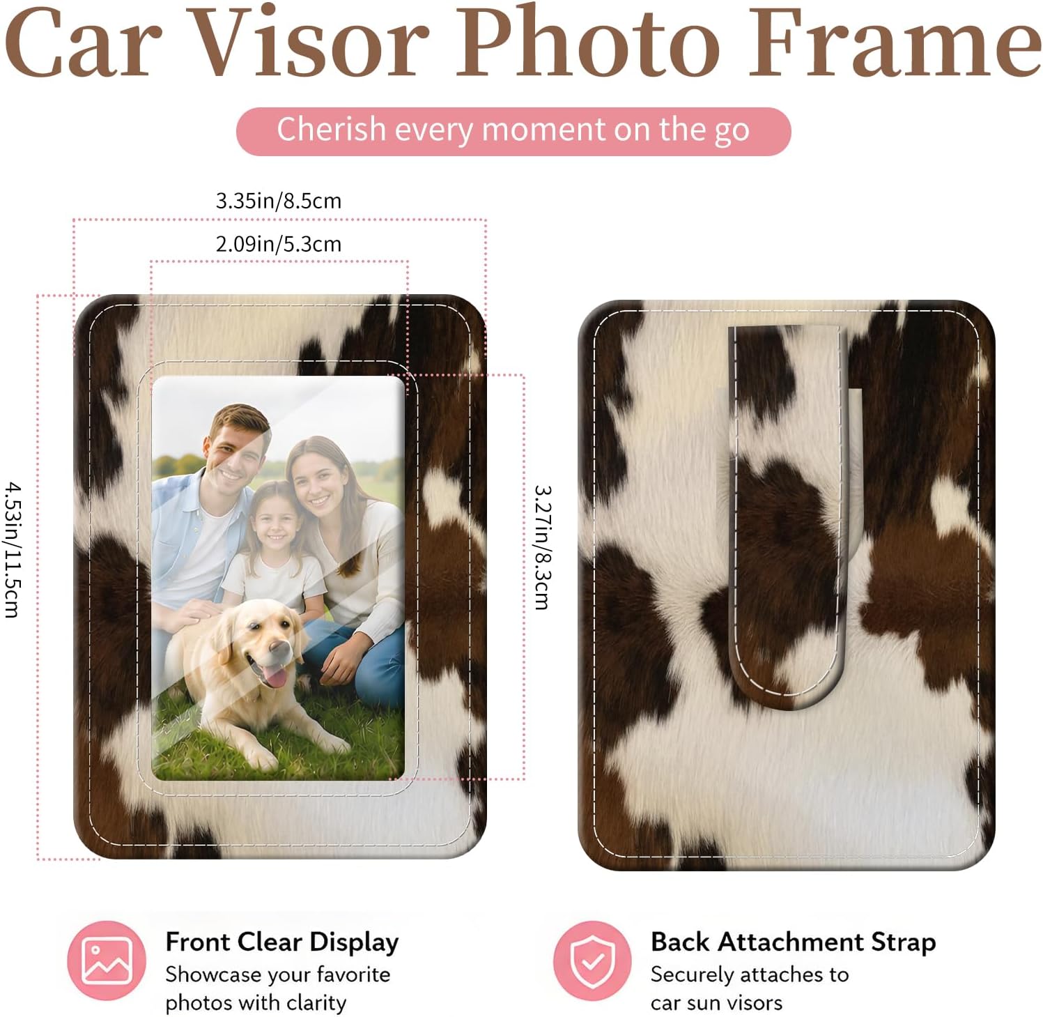 Leather Car Picture Holder and Visor Photo Clip, Cute Car Photo Holder Display Visor Photo Frame Vertical, fit 2.36"x3.54" Photo Cow Print image 5