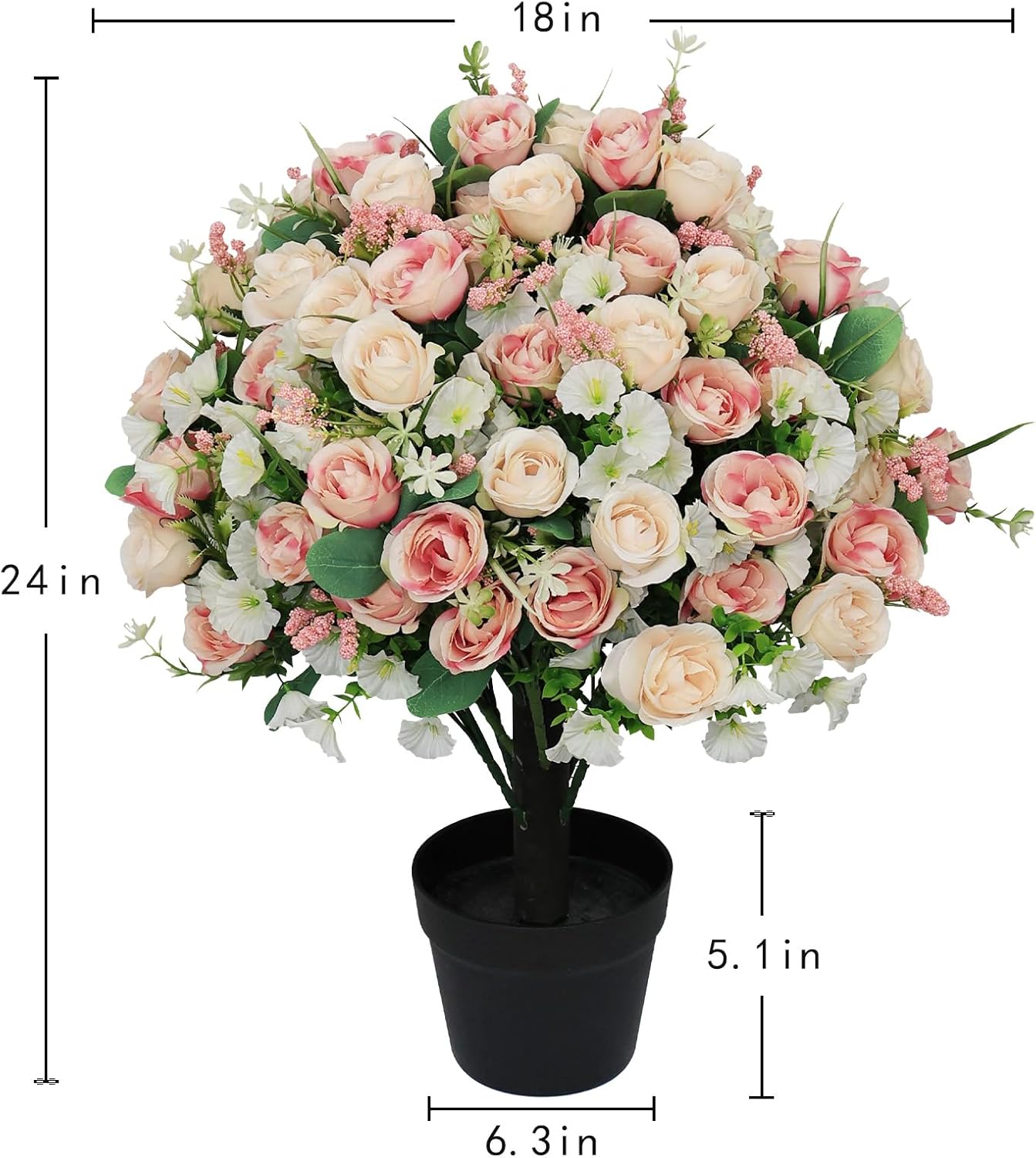 24" Artificial Outdoor Flowers Set of 2, Faux Rose with Eucalyptus Plants in Cement Pots, UV Resistant Potted Fake Silk Flowers Arrangement for Front Porch, Entryway, Spring Home Indoor Decor