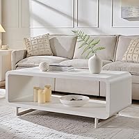Vista 9 de Mesa de Centro Moderna de 48", Mesa Central Minimalista de 2 Niveles con Estante de Almacenamiento, Diseño de Perfil Curvo, Mesa Rectangular