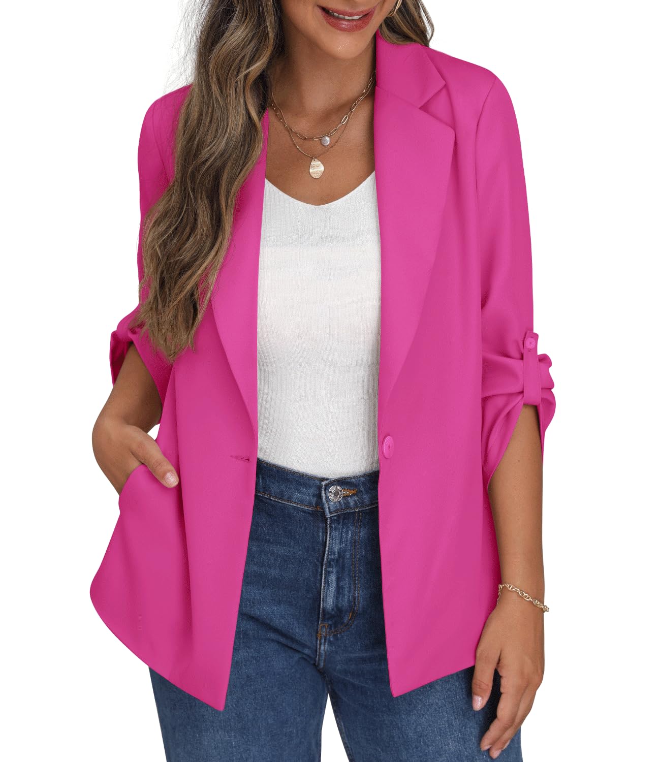 PrinStoryWomens Blazer Suit Open Front Cardigan Adjustable Sleeve Blazer Jacket with Buttons Pockets