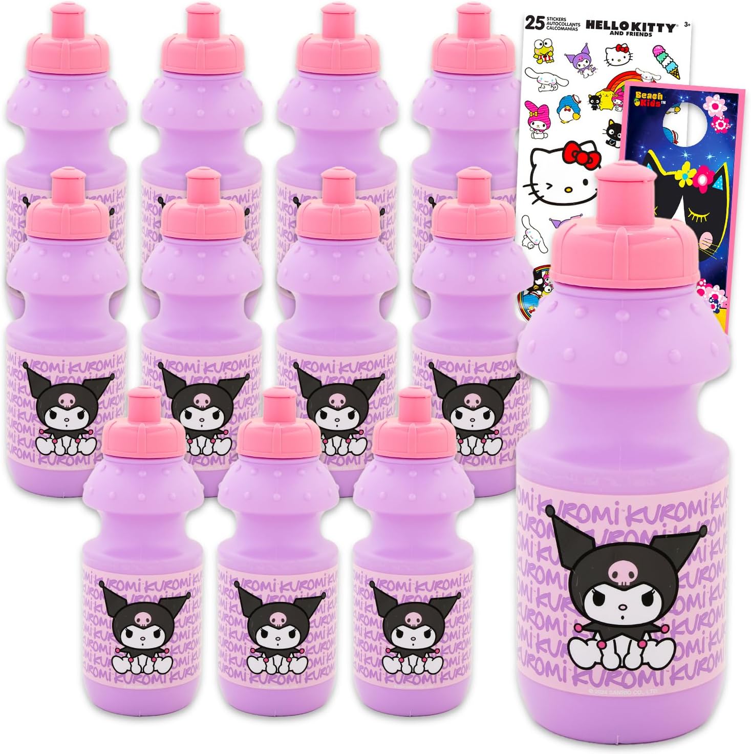 SANRIO Kuromi Kids 11.8 Oz Reusable Water Bottles Party Favor 12 Piece Bundle with 11.8 Oz Bottles with Pull Top Lid Plus Stickers, More for Girls | Bulk Kuromi Water Cups