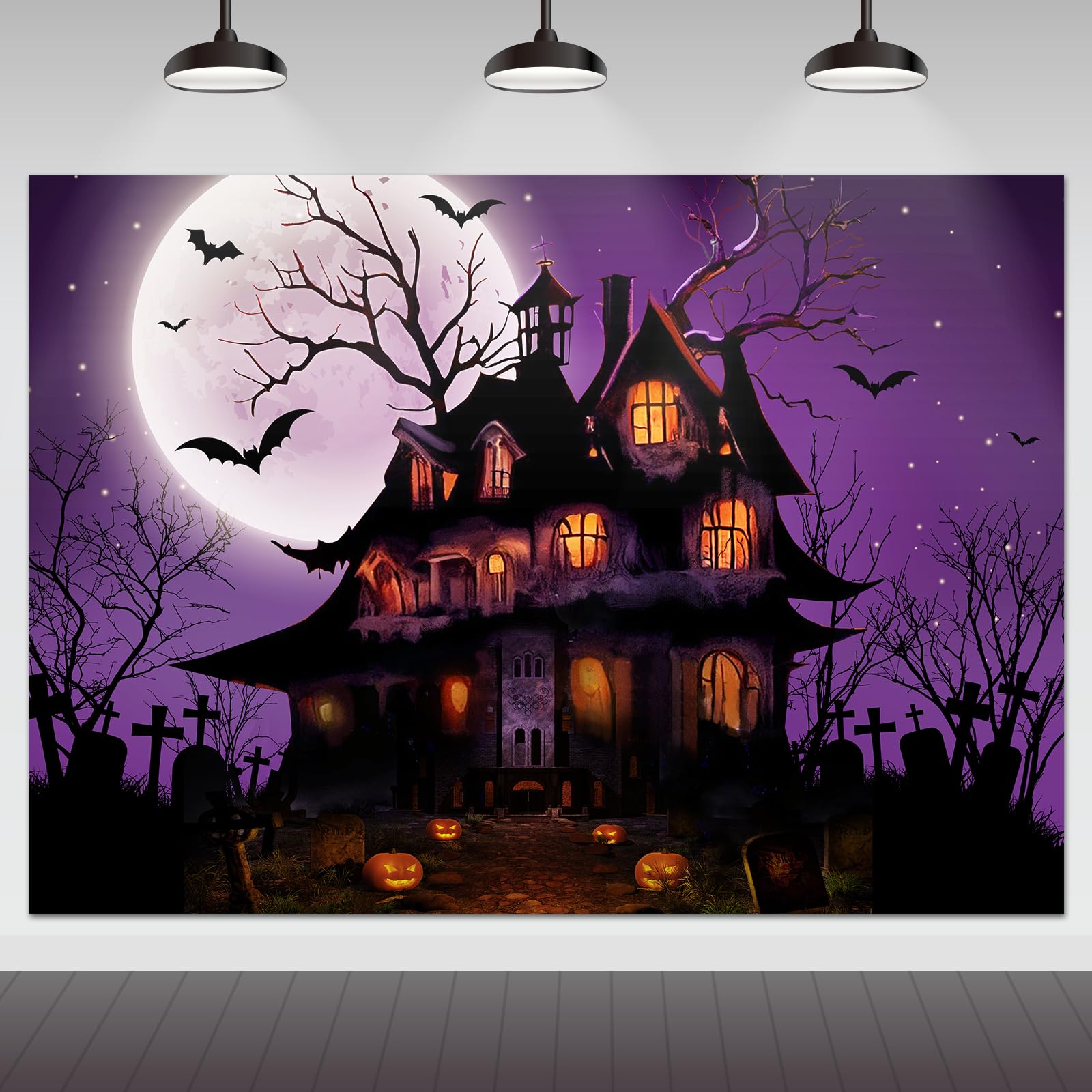 Mocsicka Halloween Backdrop for Photography Purple Night Moon Haunted House Background Spooky Cemetery Hollween Costume Party Decorations Banner Photo