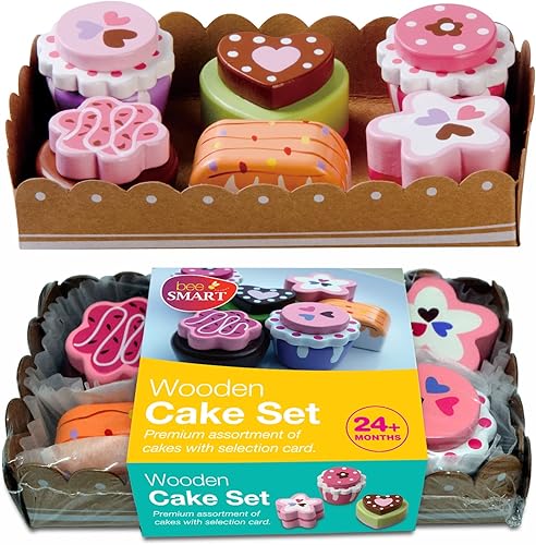 Bee Smart Pastel de madera para fiesta de té  Juego de comida para niños con tarjeta de menú y bandeja de cartón resistente  Juego de rol para niños