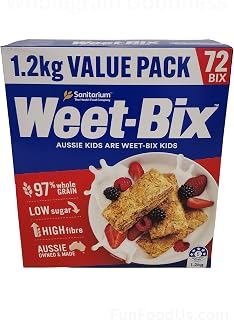 Aussie Made Weet-Bix 97% Wholegrain (1.2kg VALUE PACK 72 BIX) By Sanitarium Health Food Company Australia. Low in Sugar. Goodness and Energy!