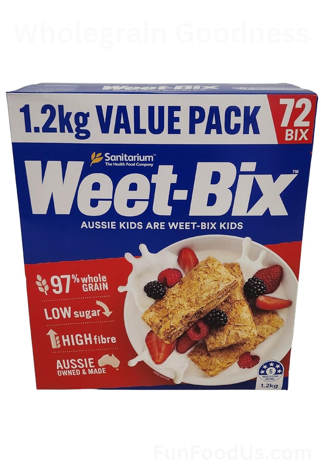 Aussie Made Weet-Bix 97% Wholegrain (1.2kg VALUE PACK 72 BIX) By Sanitarium Health Food Company Australia. Low in Sugar. Goodness and Energy!