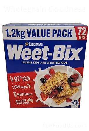 Aussie Made Weet-Bix 97% Wholegrain 1.2kg VALUE PACK 72 BIX By Sanitarium Health Food Company Australia. Low in Sugar. Goodness and Energy!