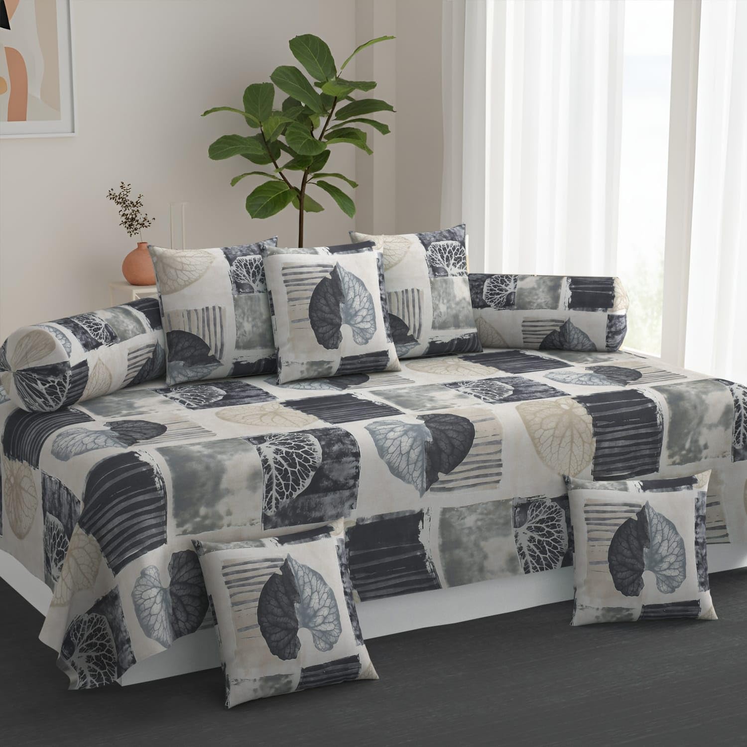 Premium 300TC Diwan Cover Set|Cotton Diwan Sets for Living Room Hall |8 PC diwan Set|1-Bed Sheet(90 * 60 INCHES)|2-Bolster Cover|5-Cushion Cover|Cool|Summer Friendly (White Grey Patti)-image-33