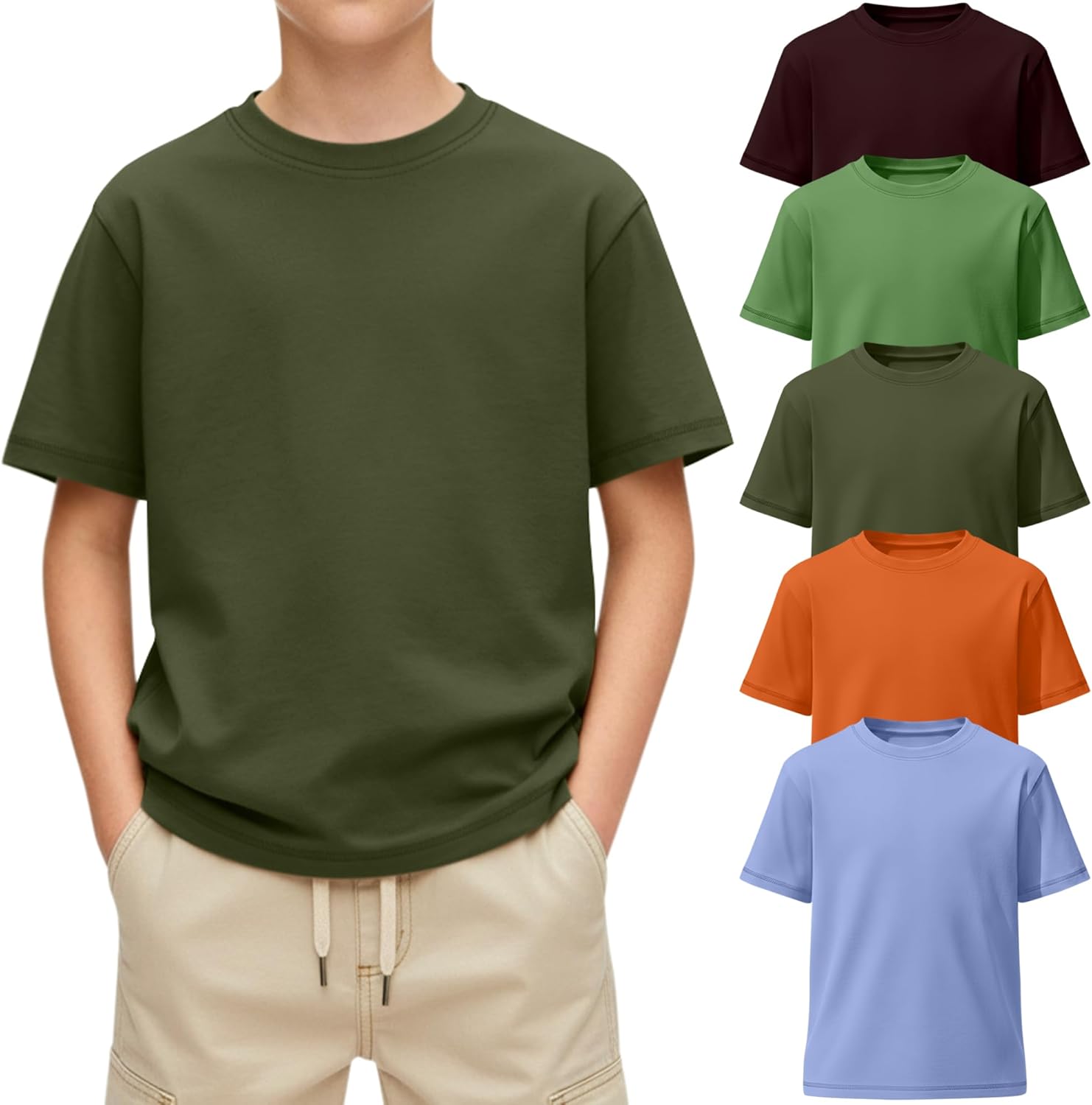 Oakgarden 5 Pack Boys Short Sleeve T-Shirts 5-16Y Kids Crew Neck Layering Casual Tops Summer Loose Fit Basic Shirts Tees