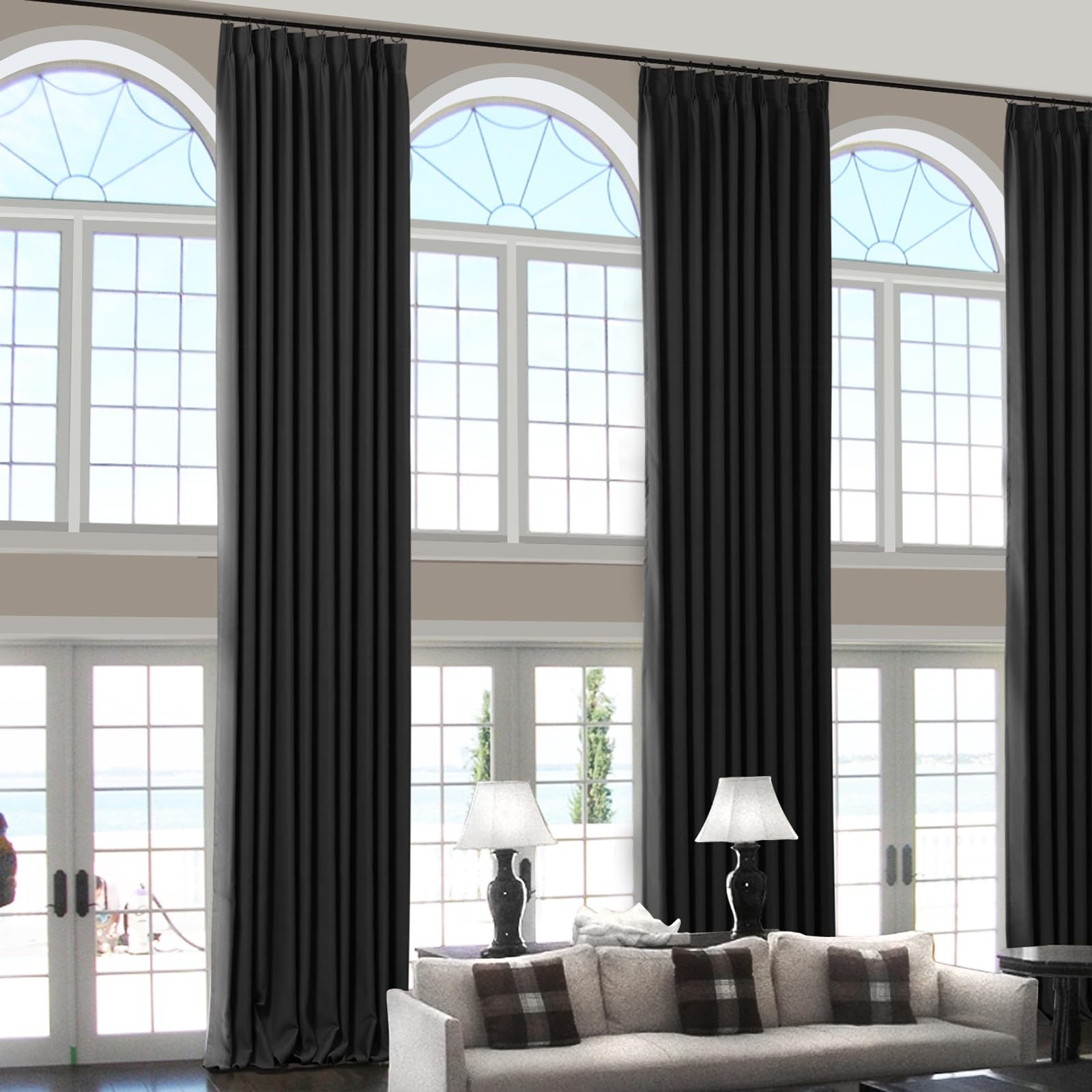 ChadMade Pinch Pleated Curtain 52W x 84L Inch Solid Thermal Insulated Blackout Patio Door Panel Drape for Traverse Rod and Track, Black (1 Panel)