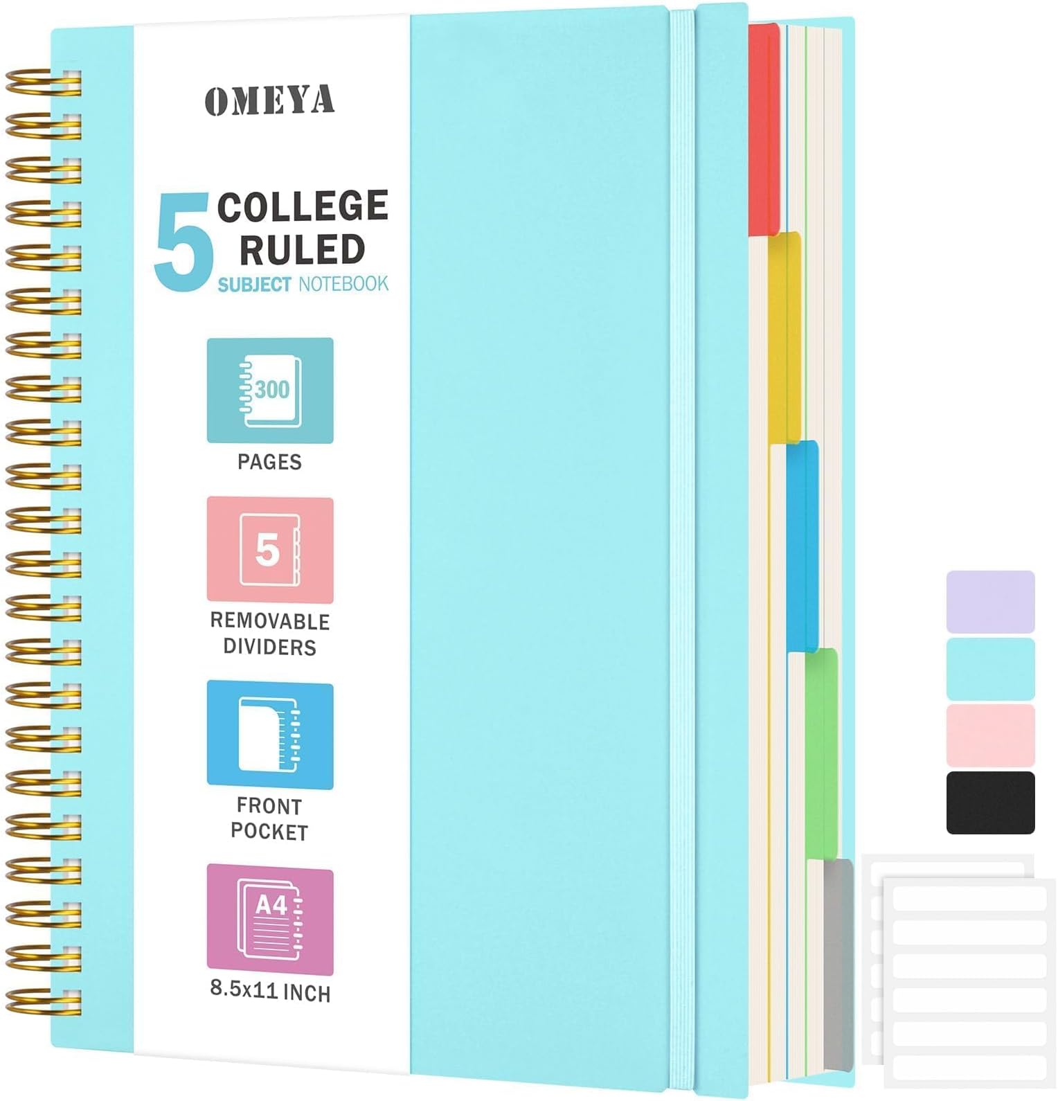 Spiral Notebook 8.5" x 11", 5 Subject Notebooks College Ruled with Removable Dividers, 300 Pages 100GSM Thick Spiral Writing Journal for Women & Men, Large A7 Lined Journal Notebooks for Work, School