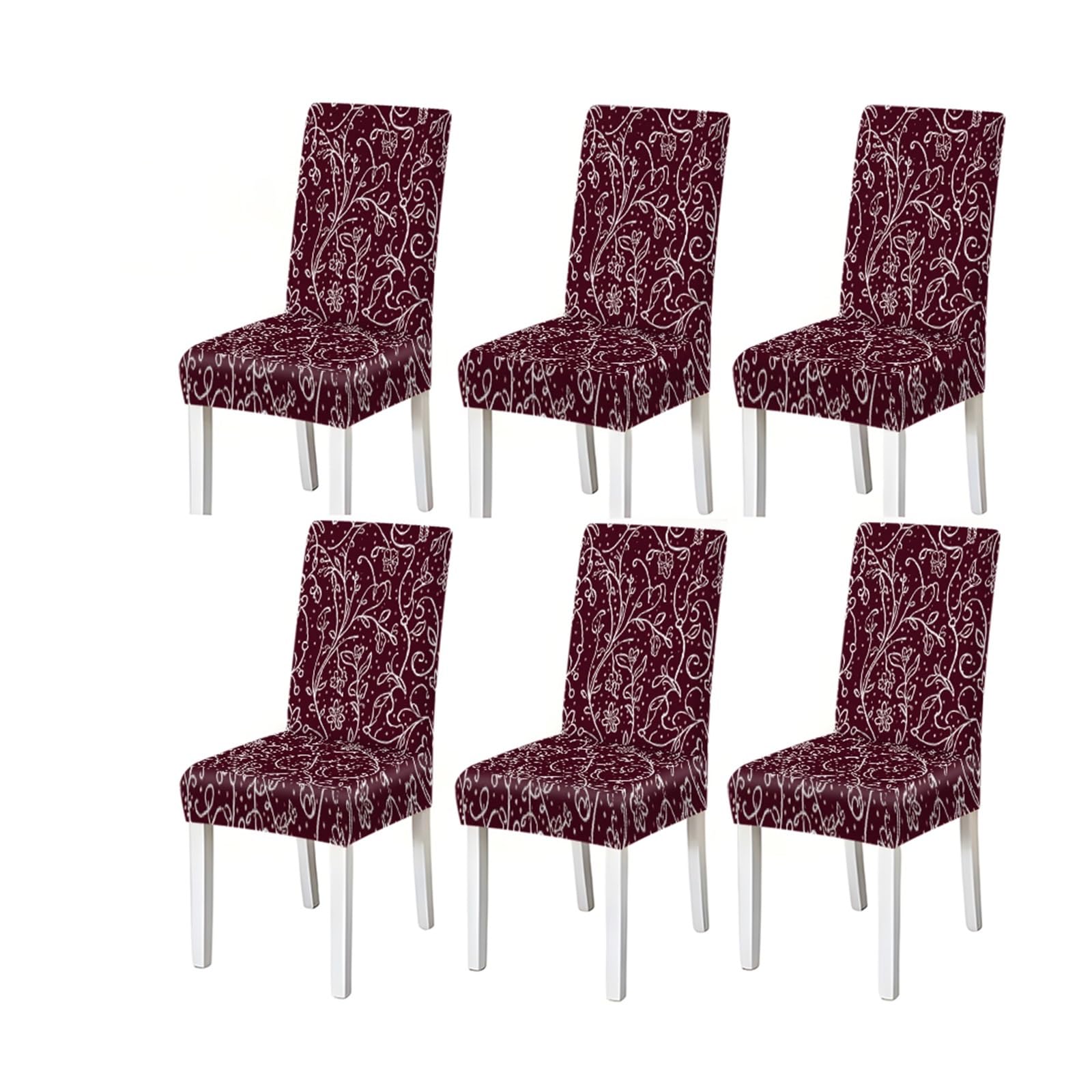 BOSUYBN Burgundy White Paisley Floral Dining Chair Covers Set Of 2/4/6, Stretch Slipcovers For Kitchen Dining Room Furniture Protectors for Home Dining Room(6PCSChair cover)