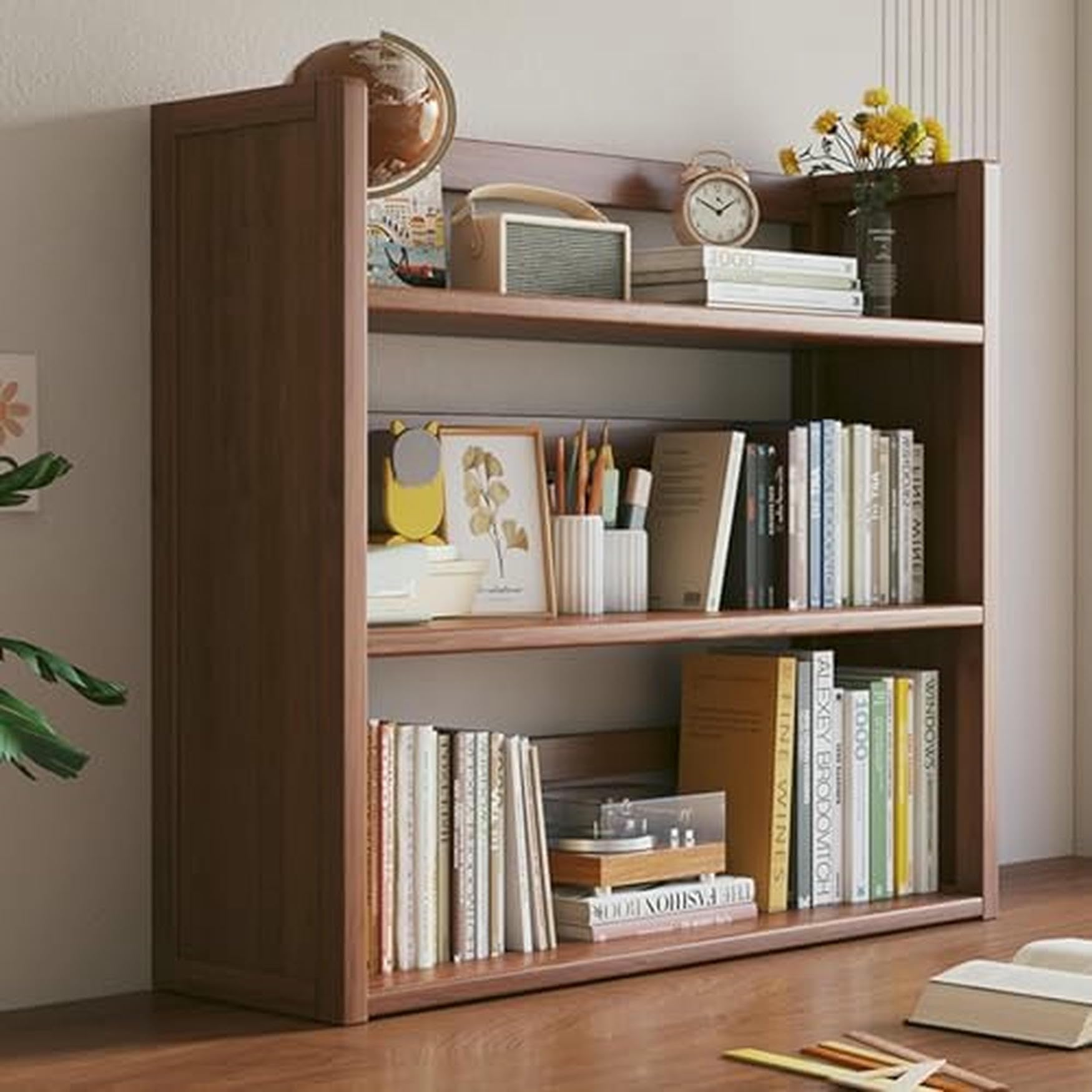 CWCQGH Walnut Desk Hutch Top Only - Desktop Bookshelf & Wooden Storage Rack for Home Office & College Dorm - Space-Saving Organizer with Drawer for Counters,Walnut Three-layer-40cm