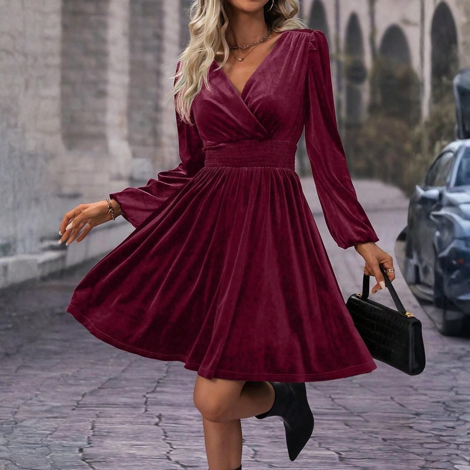 Midikleid Damen Elegant Curvy Festkleid A Linie Kleid V Ausschnitt Abendkleid Langarm Sommerkleid mit Ärmel Samtkleid Knielang Festliche Kleider für Hochzeit Cocktailkleid Hochzeitsgast