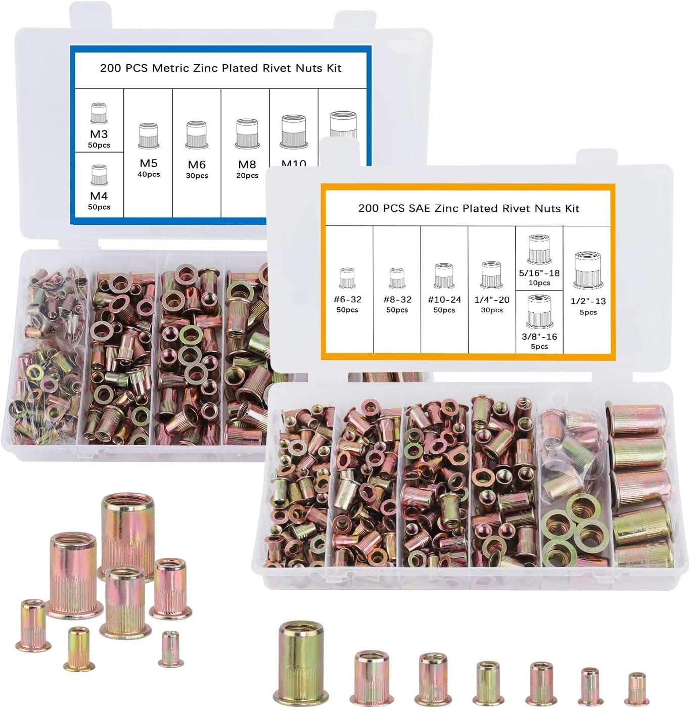 Rivet Nut Tool Kit, 400pcs SAE & Metric Rivet Nut Assortment Kit, Carbon Steel Flat Head Inserts Nutserts for Metal(Standard #6 to 1/2, M3 to M12, 14 Sizes)