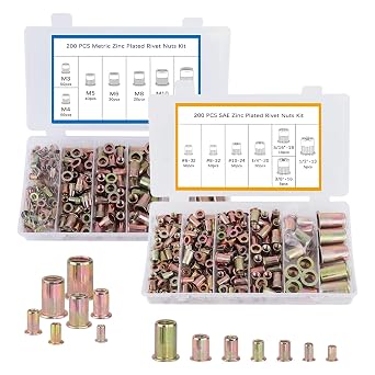 Rivet Nut Tool Kit, 400pcs SAE & Metric Rivet Nut Assortment Kit, Carbon Steel Flat Head Inserts Nutserts for MetalStandard #6 to 1/2, M3 to M12, 14 Sizes