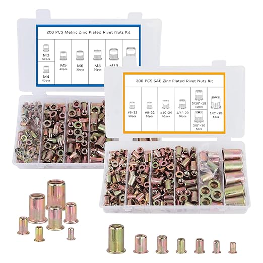 Rivet Nut Tool Kit, 400pcs SAE & Metric Rivet Nut Assortment Kit, Carbon Steel Flat Head Inserts Nutserts for Metal(Standard #6 to 1/2, M3 to M12, 14 Sizes)