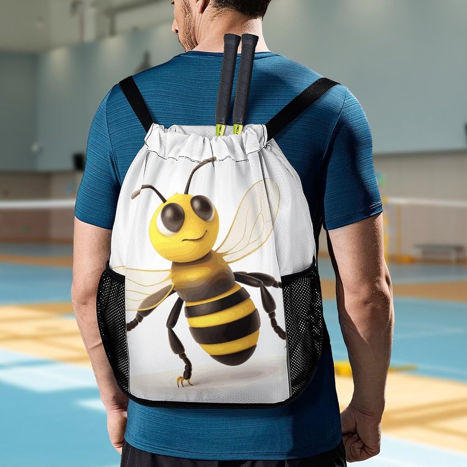 Honey Bee Drawstring Backpack, Sports Gym Bag with Bottom Pocket And Mesh Pockets, String Bag for Men Women