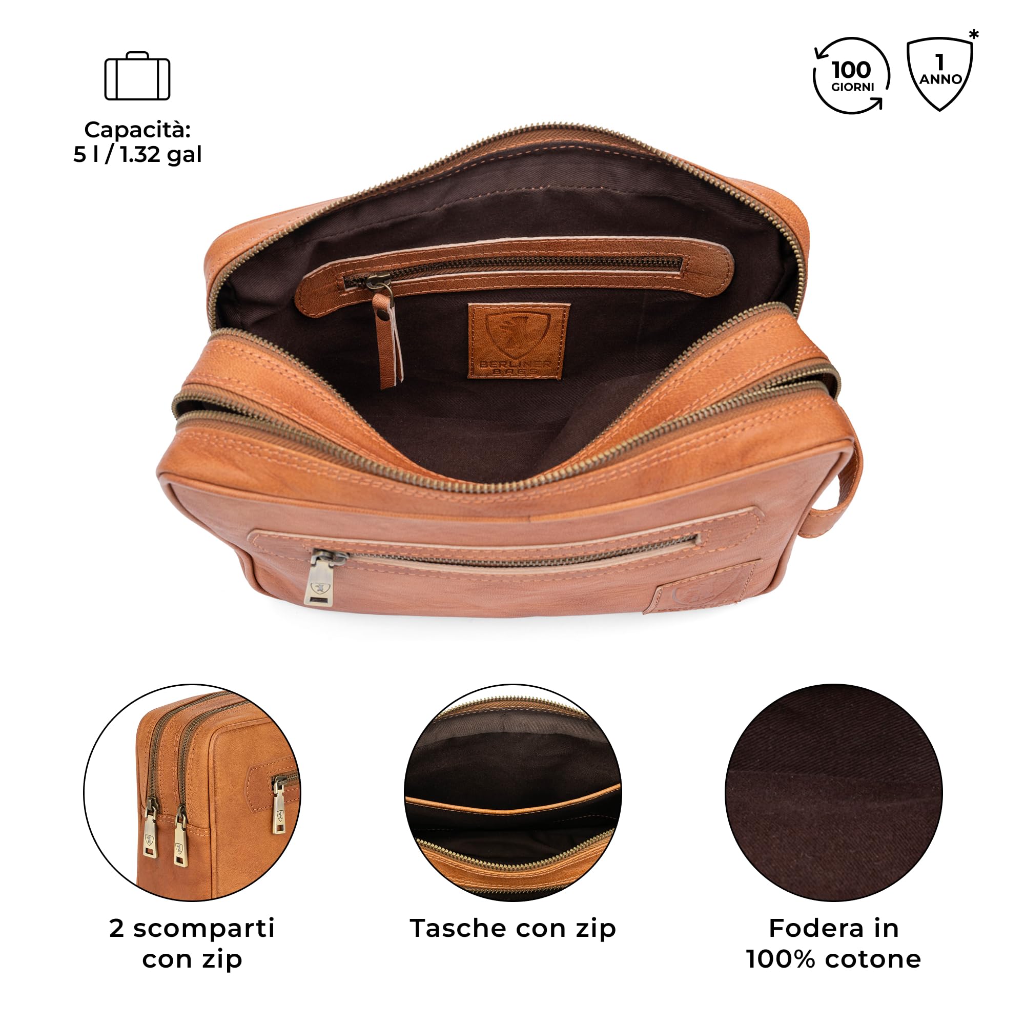 Berliner Bags Borsa da Toilette Paul in Pelle Trucco Cosmetico Donna Uomini Viaggio Marrone Vintage