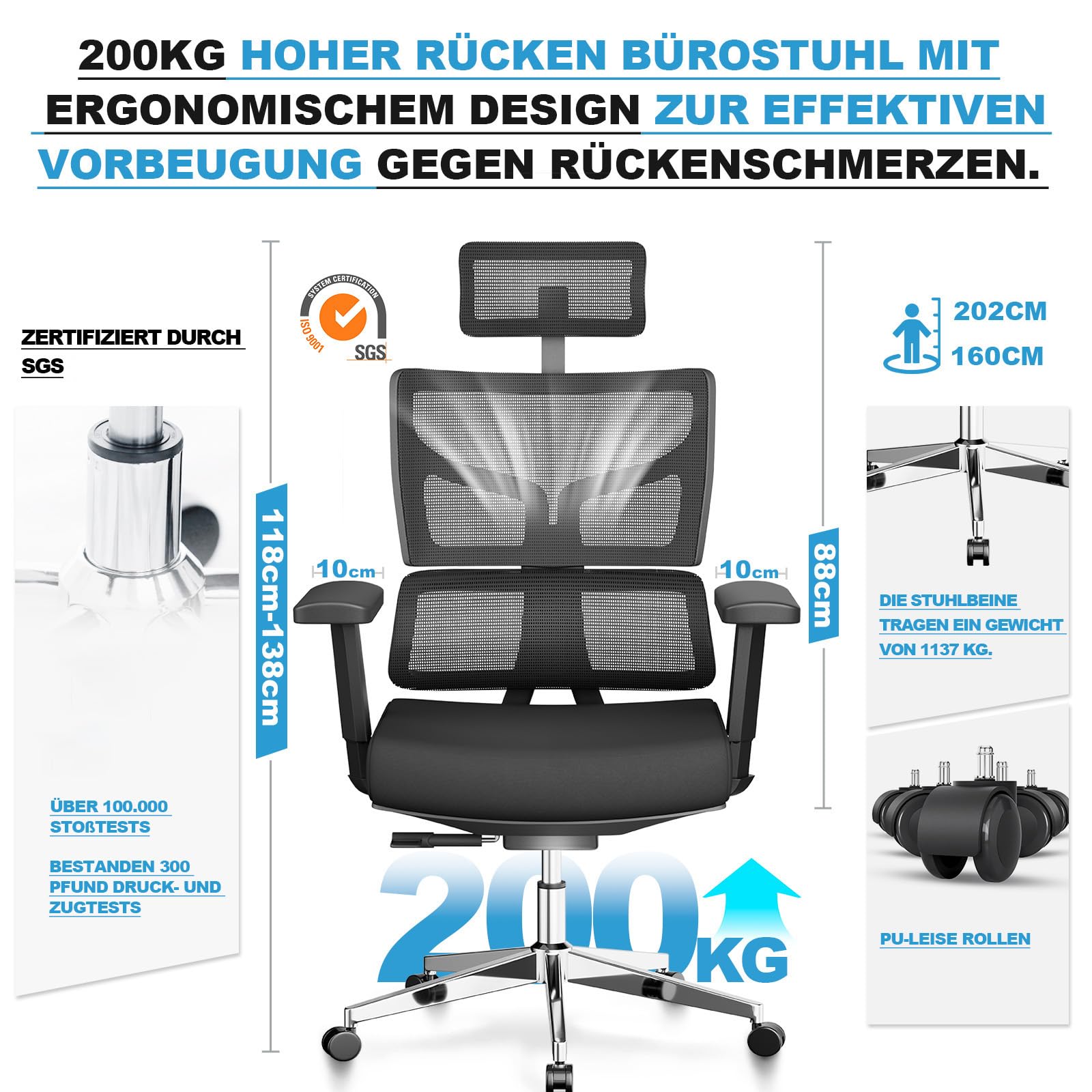 MELOKEA Bürostuhl 200kg, 3-Stufen-Verriegelung, Bürostuhl Ergonomisch XXL, Breiter und Großer, für Körpergröße 160-202 cm, 3D Breit Armlehnen, Dynamische Lendenstütze, Schreibtischstuhl XXL