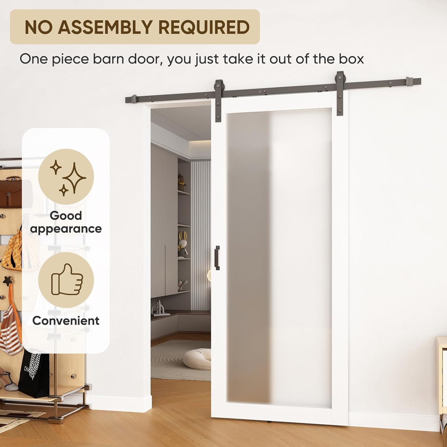 BARNSMITH 36in x 84in 1-Lite Frosted Glass White Barn Door with 6.6FT Sliding Door Hardware Kit Included, Tempered Glass Solid Wood Barn Door Water-Proof PVC Surface,No Assembly Required