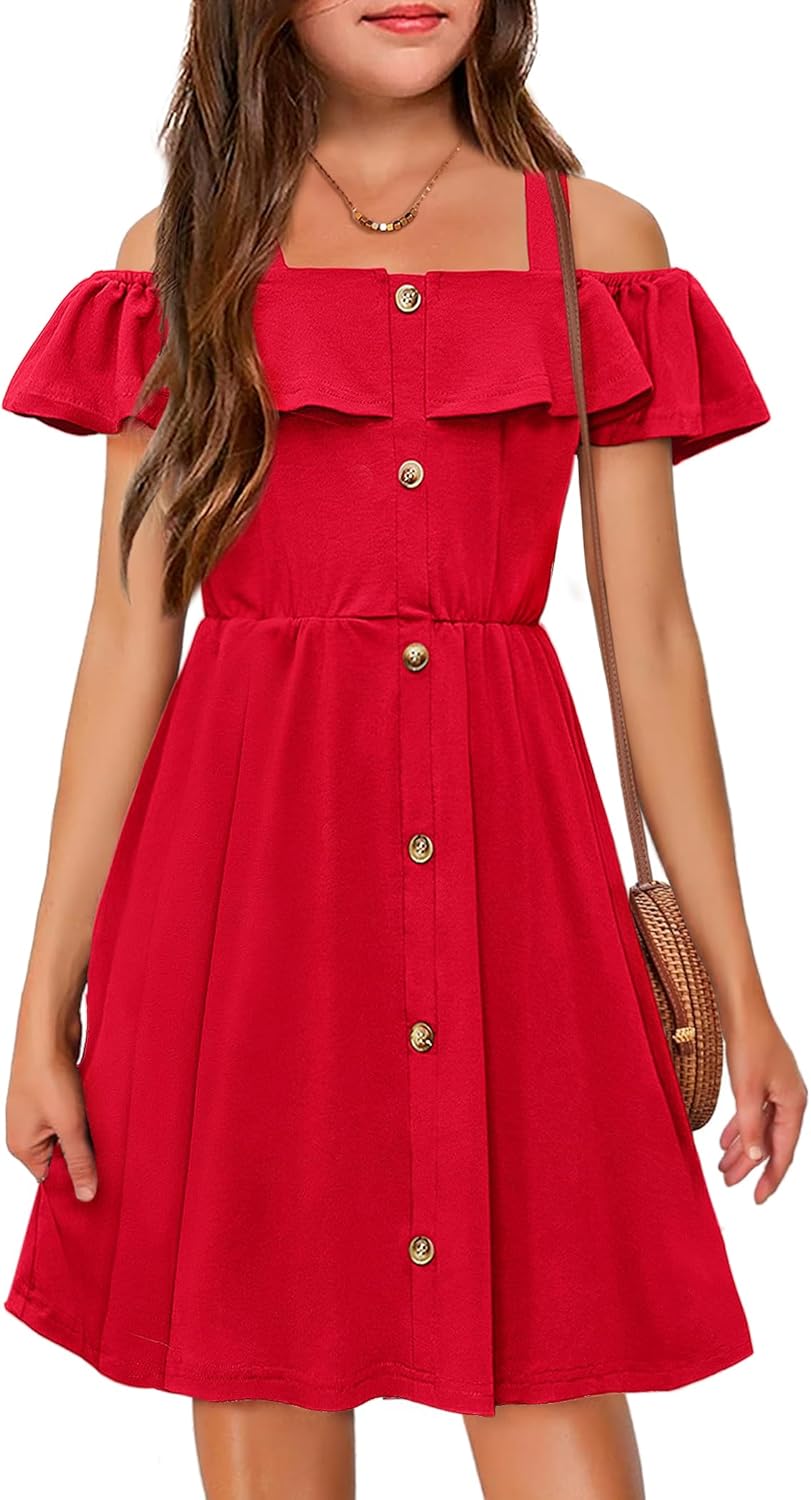 Arshiner Girls Dresses Summer Spaghetti Strap Cold Shoulder Ruffle Button Down A Line Dresses
