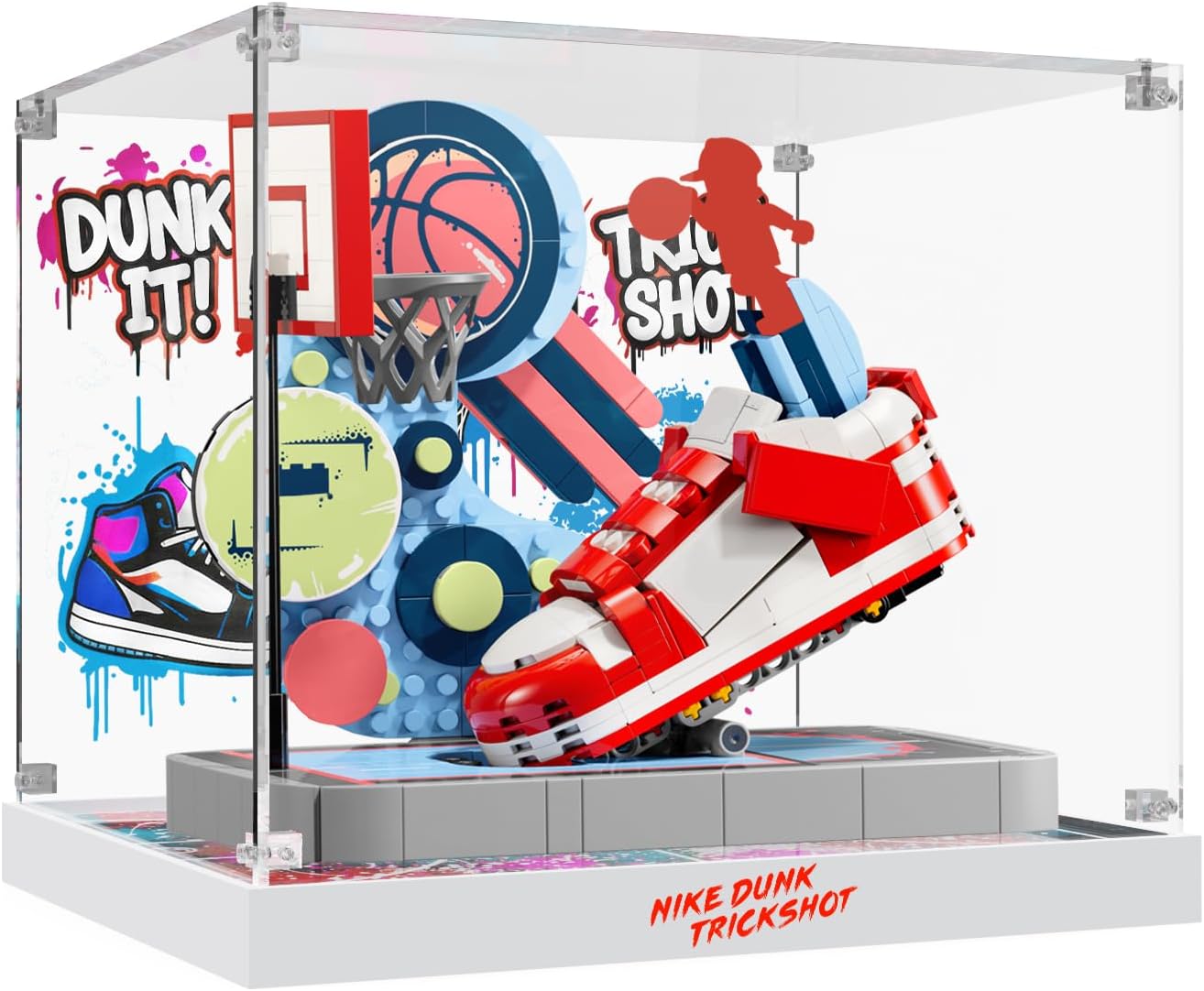 Acrylic Display Case Compatible with Lego Nike Dunk Trickshot Building Set (Model Not Included), Transparent Dustproof Storage Box for Lego 43021, Showcase Display Box with UV-Printed Background
