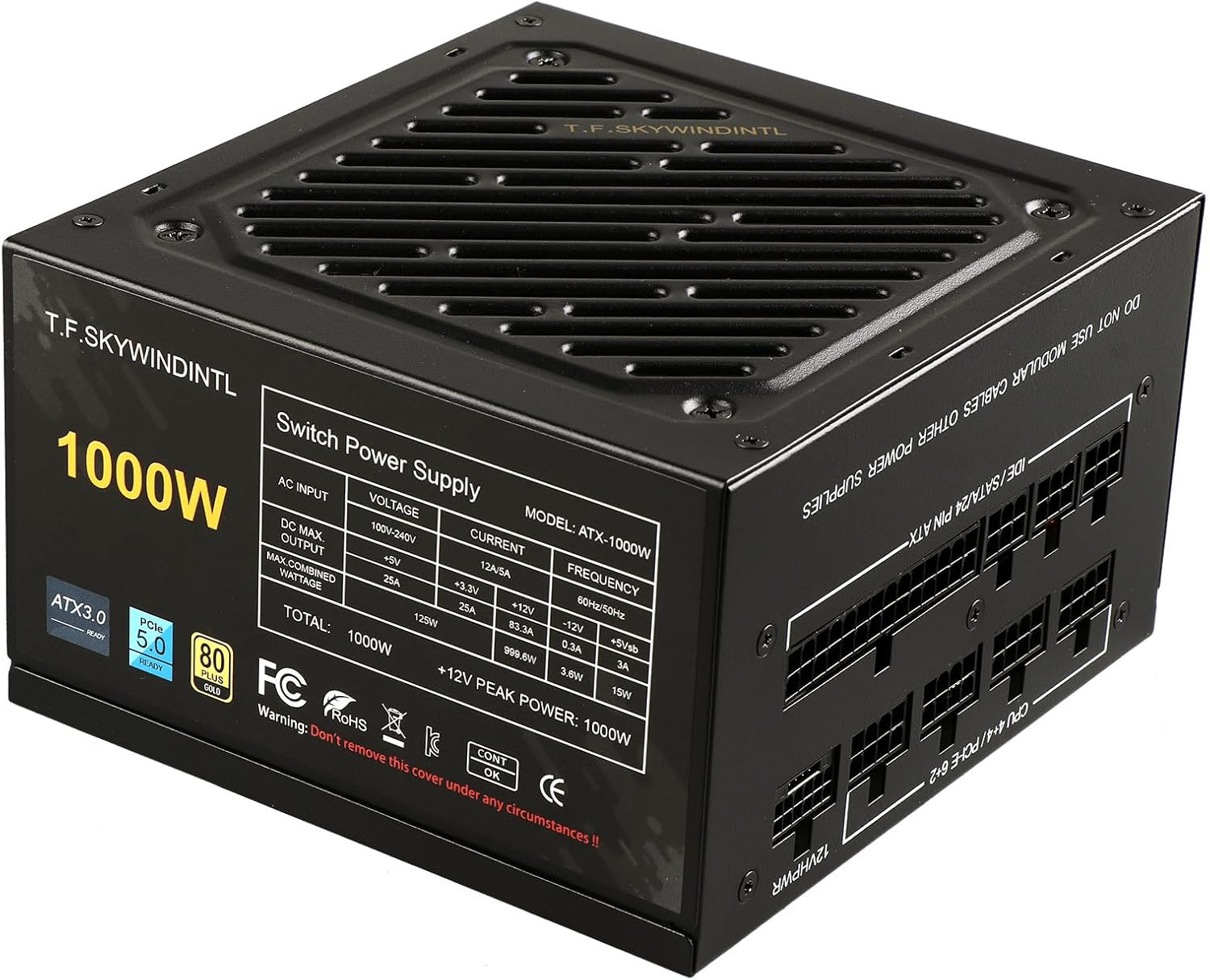 1000W PSU ATX 3.0 PCIE 5.0 80 Plus Gold Fully Modular Power Supply 100-240V 120mm Silent Fan | Zero-RPM with 12+4PIN 12VHPWR Connector and 24Pin Motherboard Power for Gaming Desktop PC