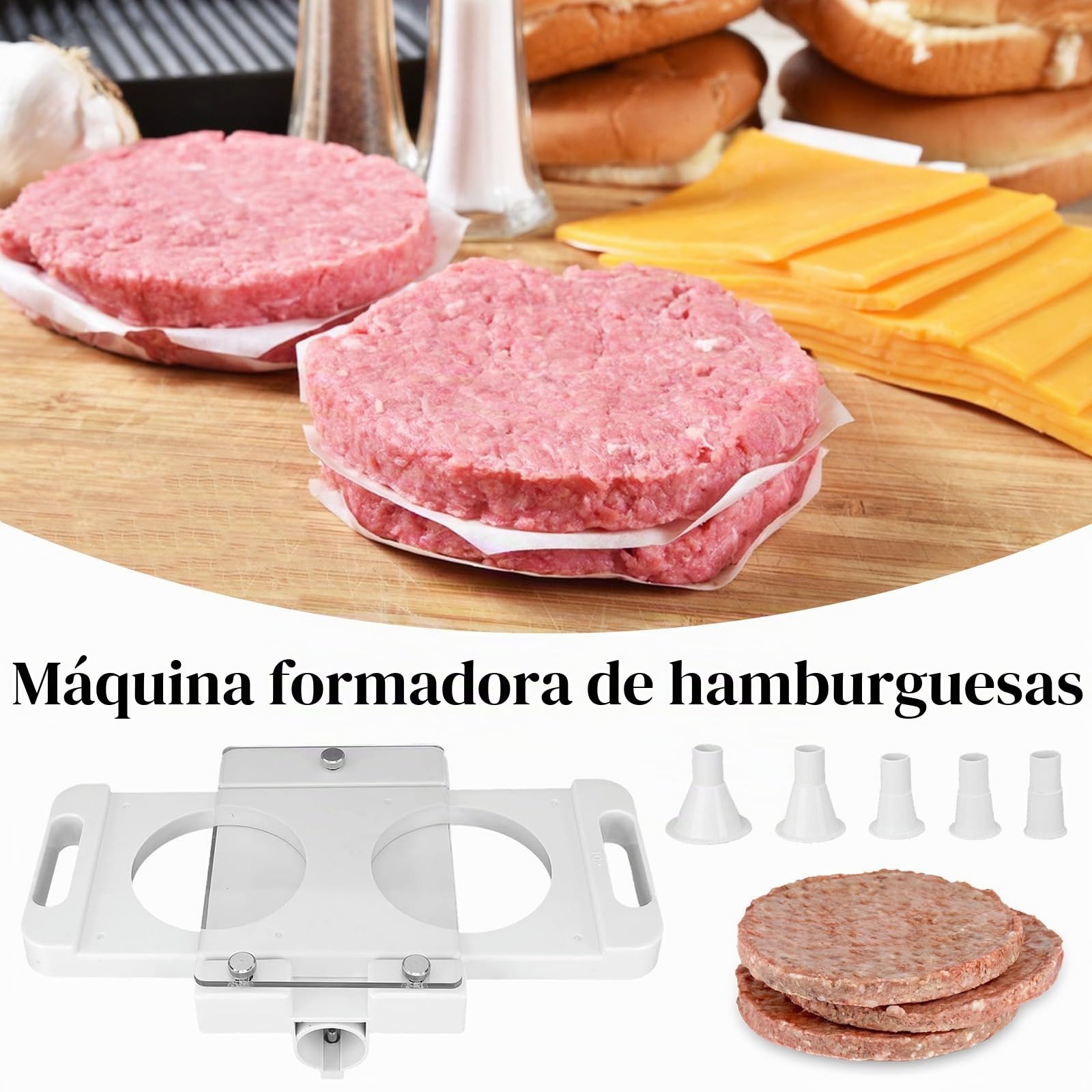 Prensa Hamburguesas, Prensa de Hamburguesa Molde Hamburguesa con 5 Tubos Adaptadores, 2 Agujeros Antiadherente Smash Burger Kit Maquina Hacer Hamburguesas
