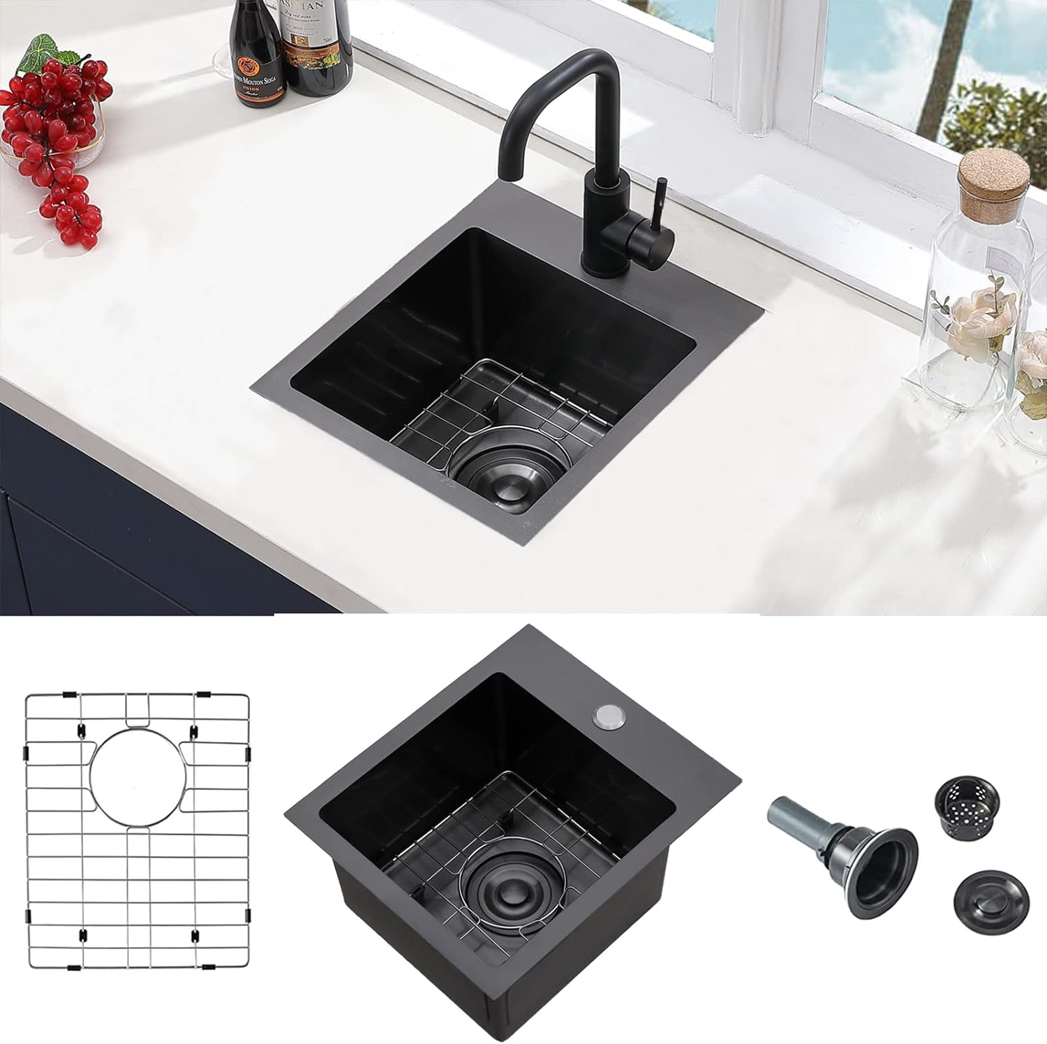 VCCUCINE Gunmetal Black Bar Sink Drop in, 13x15 Inch Topmount RV Small Kitchen Sink, Handmade Stainless Steel Wet Bar Sink, Outdoor Single Bowl Prep Sink with Dish Grid & Drain Black 13x15inch Drop in Gunmetal Black