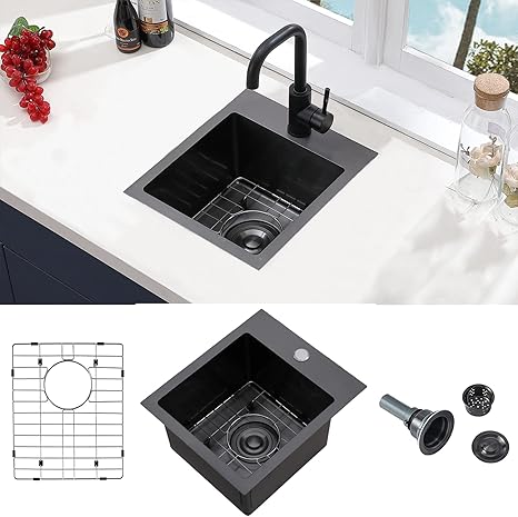 MENATT Fregadero De Cocina De 15 X 17 Pulgadas, Fregadero De Barra De Cocina De 18 Calibres De Acero Inoxidable Con Un Solo Orificio Para Grifo, Fregadero De Cocina De Montaje