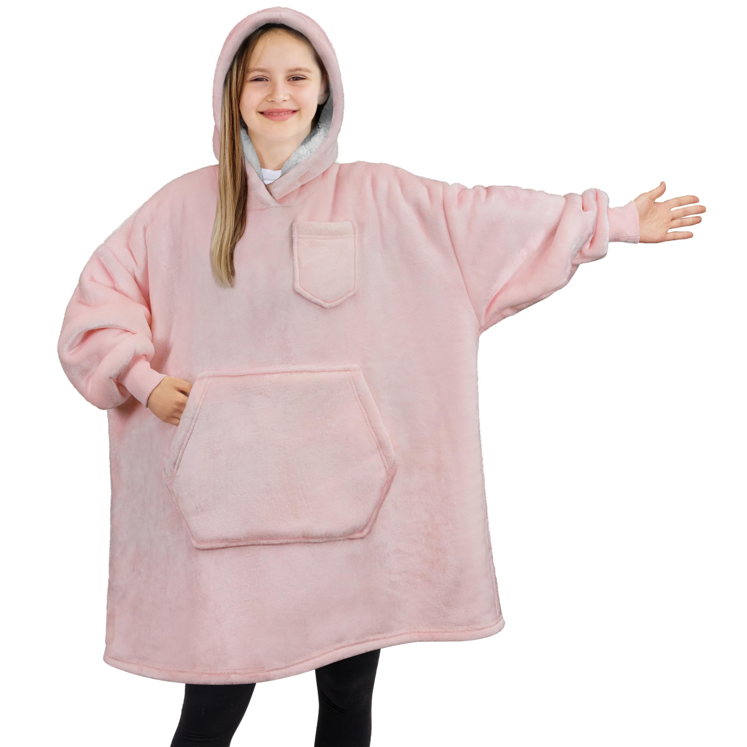 PAVILIA Wearable Blanket Sweatshirt Kids Boy Girl, Warm Cozy Giant Hoodie, Fleece Sherpa Oversized Hood Sleeves, Big Pocket
