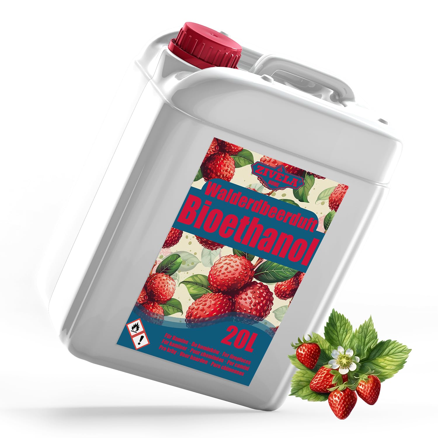 Bioetanolo 96,6% 20 l | alcool biologico profumo di fragola boschiva 96,6% 20 l | bioetanolo per camino, camino da tavolo | bioetanolo profumo di fragola | combustione pulita, senza fumo, fiamma