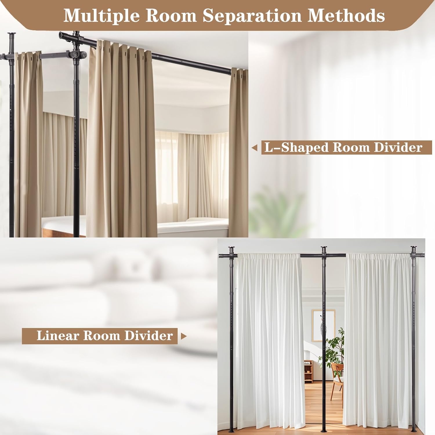Room Divider - Adjustable Curtain Rod 4-10ft (H) 28-126in (W) No Drilling Heavy Duty Floor to Ceiling Hanging Room Separator (Black)