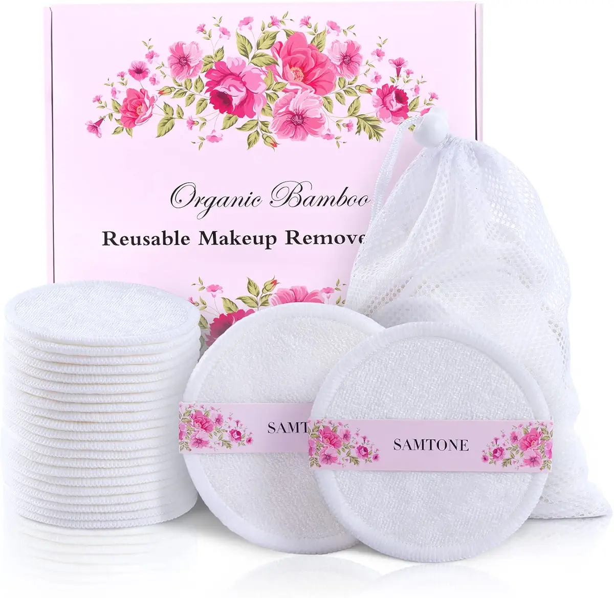 Samtone Reusable Makeup Remover Pads 20 Pack with Laundry Bag and Gift Box – 100% Organic Face Cleansing Reusable Cotton Rounds for Toner, Washable Eco-Friendly Bamboo Cotton Pads for All Skin White