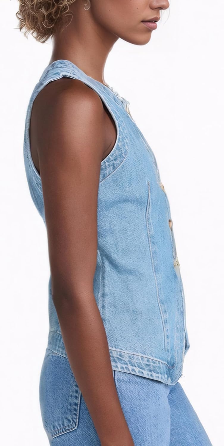 D-Sun Women Denim Vest Sleeveless Crewneck Button Down Jean Waistcoat Casual Front Slit Slim Denim Tank Top - Image 2