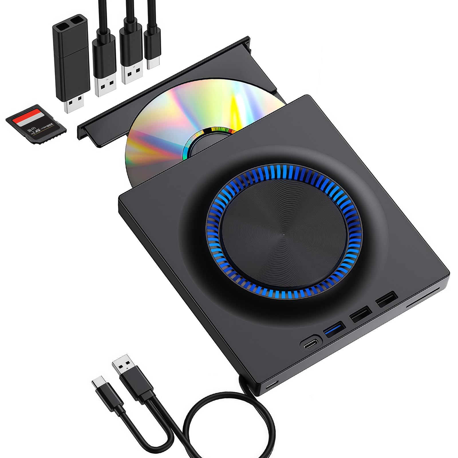 Lecteur Blu-ray externe, graveur Blu-ray 7 en 1, graveur de DVD/CD avec lumière ambiante RVB, lecteur Blu-ray portable ultra fin avec port SD