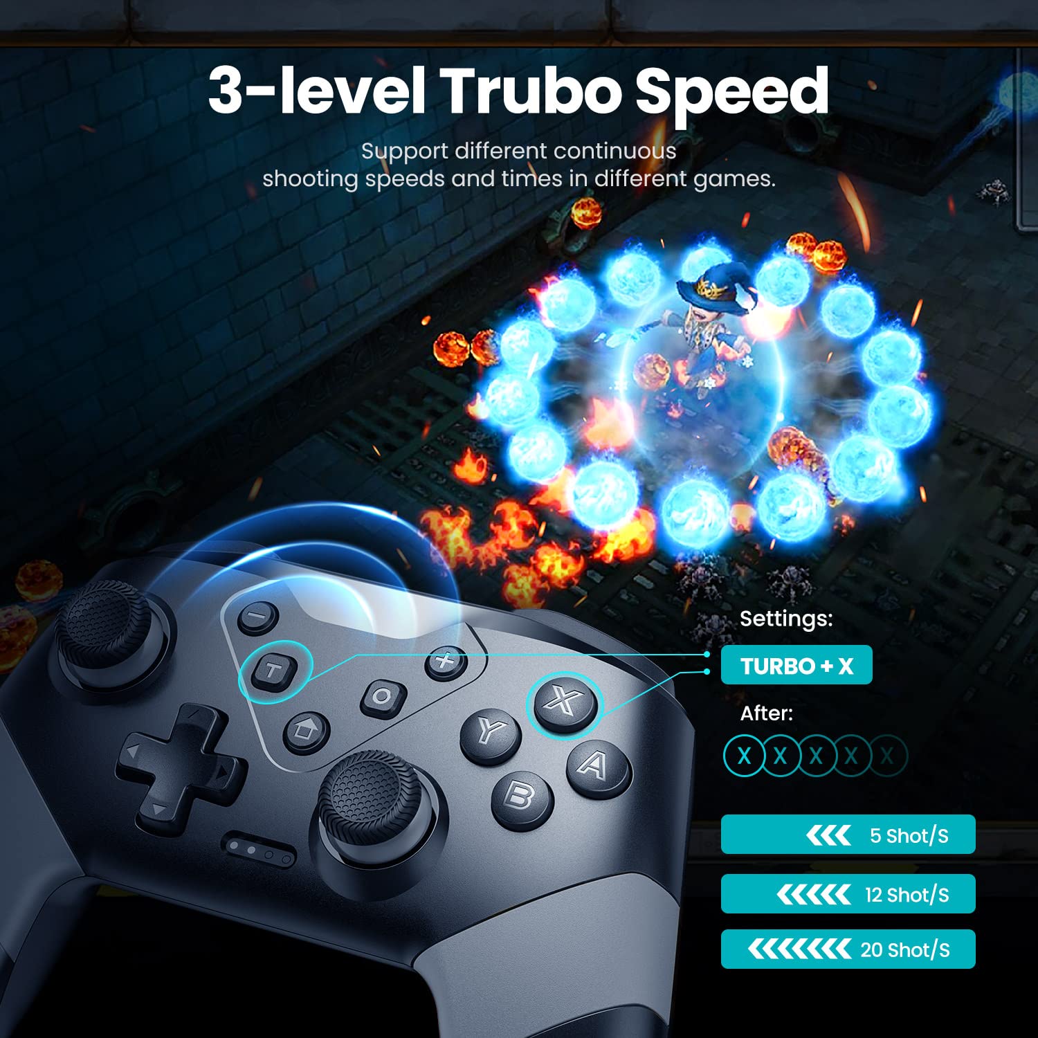 VOYEE Wireless Pro Controller S03 showing 3-level Turbo Speed settings