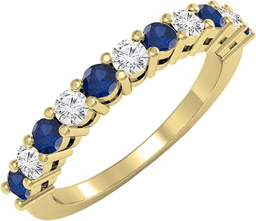 Dazzlingrock Collection Anillo de boda apilable de aniversario de diamante blanco redondo de 10 quilates y zafiro azul, oro amarillo, Oro amarillo,