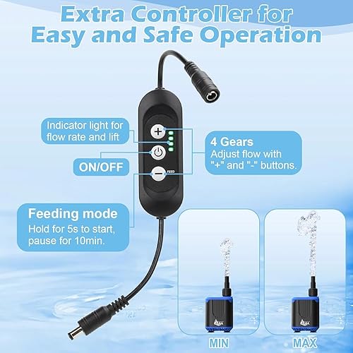 Vista 3 de AQQA Bomba de agua de acuario de CC con controlador, 4 caudales ajustables, modo de alimentación, bomba sumergible IP68 silenciosa para tanque