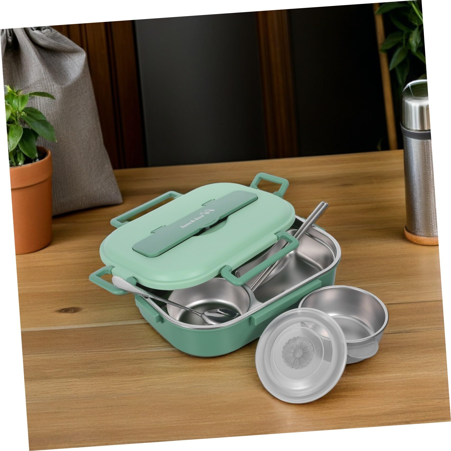 Fiambrera Acero Inoxidable Infantil 1500ml Verde con 4 Compartimentos | Taper de Acero Inoxidable con Tapa, Caja de Refrigerio Bento, Bento Box, Loncheras para Decoracion Colegio