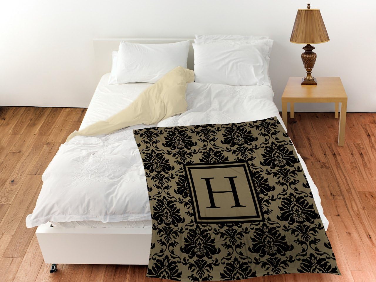 Manual Woodworkers & Weavers Coral Fleece Throw, 50 by 60-Inch, Monogrammed Letter H, Black and Gold Damask