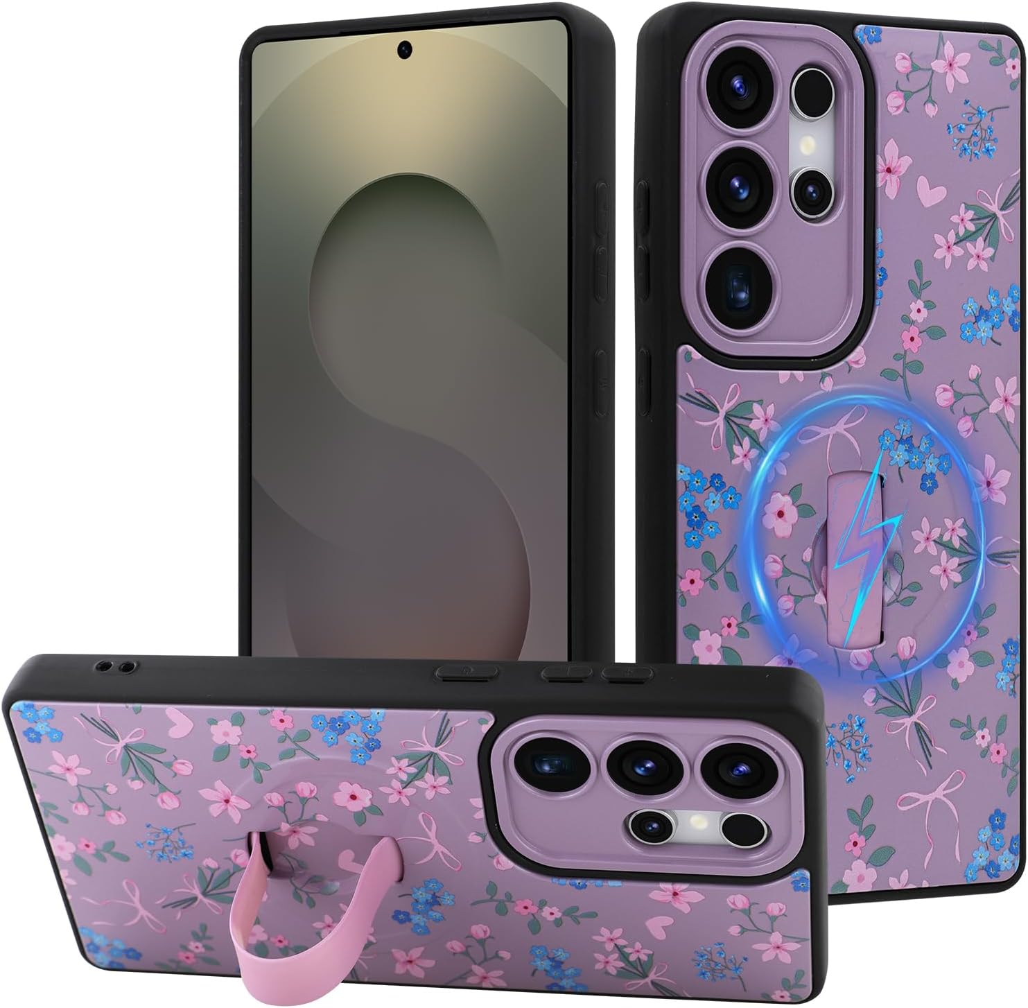 for Samsung Galaxy S25 Case, Finger Strap Kickstand[Compatible with MagSafe] Cute Pink Flower Heart Bowknot Print for Women Girls, Full Camera Protection Aesthetic Shockproof TPU,Purple