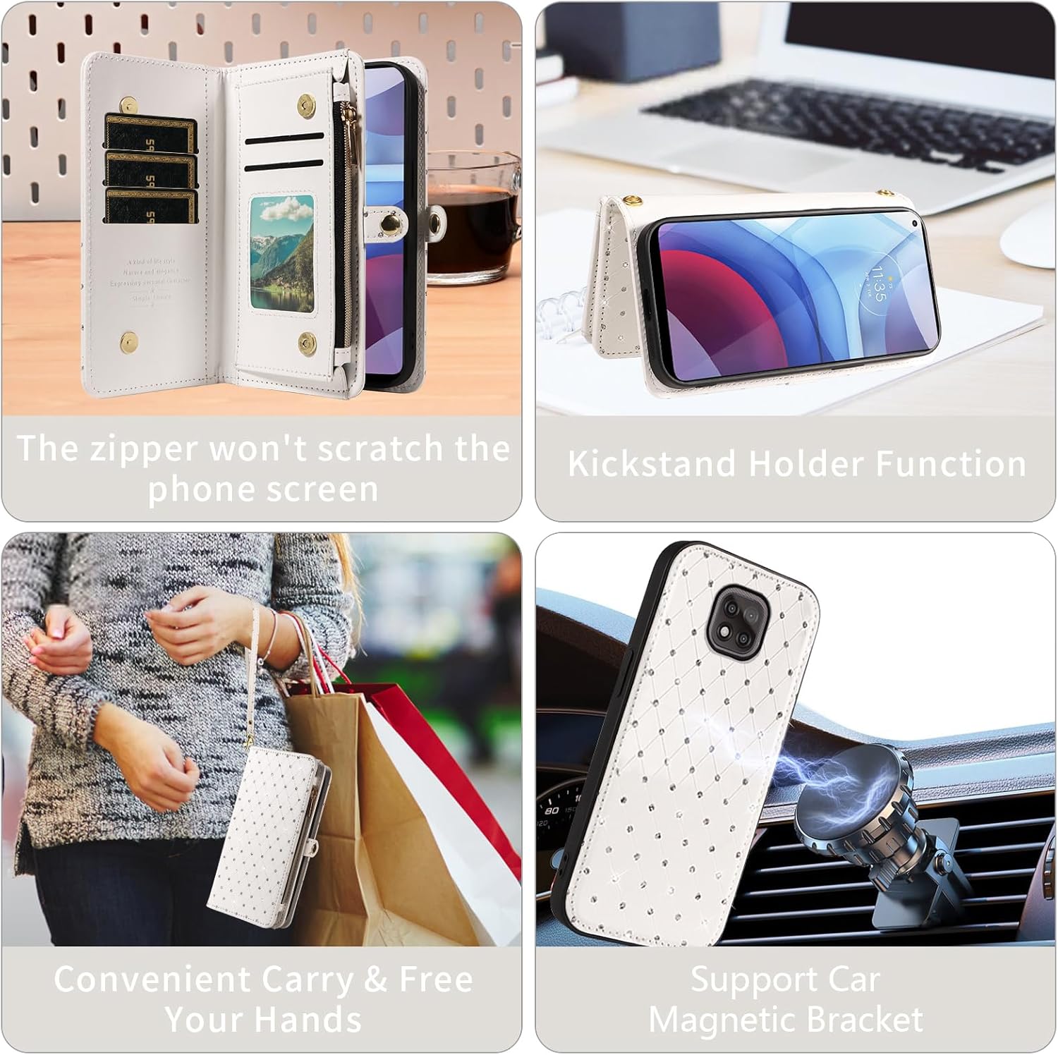 Asuwish Phone Case for Moto G Power 2021 Zipper Wallet Detachable Cell Cover with Tempered Glass Screen Protector Strap Glitter Flip Card Holder Slot Motorola GPower 21 5G Version XT2117-4 Women White