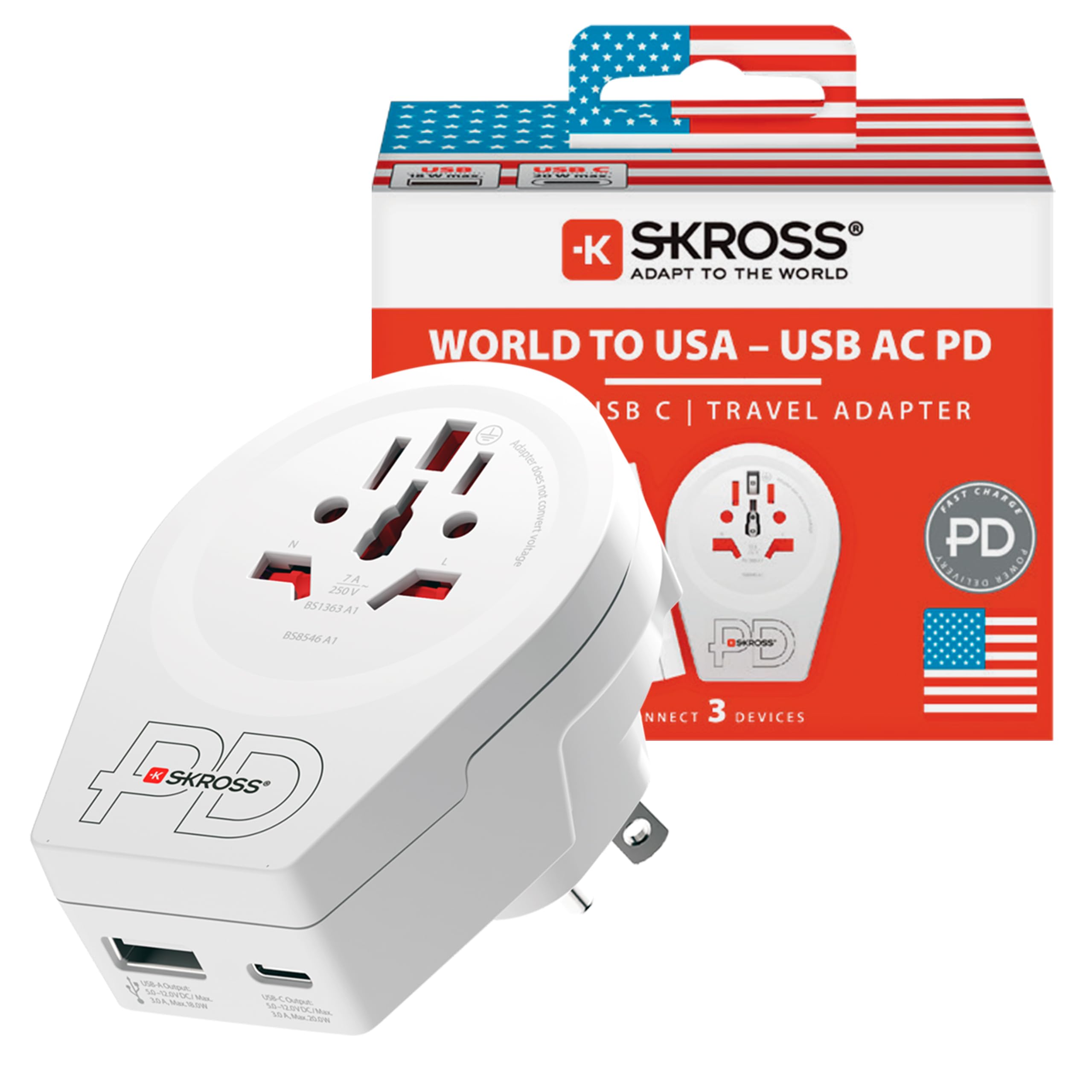 SKROSS World to USA AC20PD Adattatore da viaggio, con 1 porta di tipo C e 1 tipo A, ricarica rapida, erogazione di potenza, protezione dagli urti