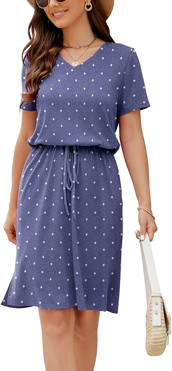 HUSKARY Women Summer Casual Midi Dresses Short Sleeve V Neck Drawstring Knee Length T Shirt Dress with Split and Pocket