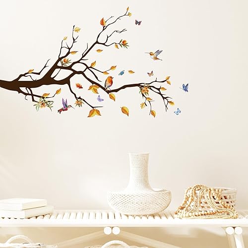 Miniatura 3 de ADECNS Pegatinas de pared de pájaros amarillos en ramas de árbol largas, removibles, creativas ramas de árbol, calcomanías de pared, bonitos