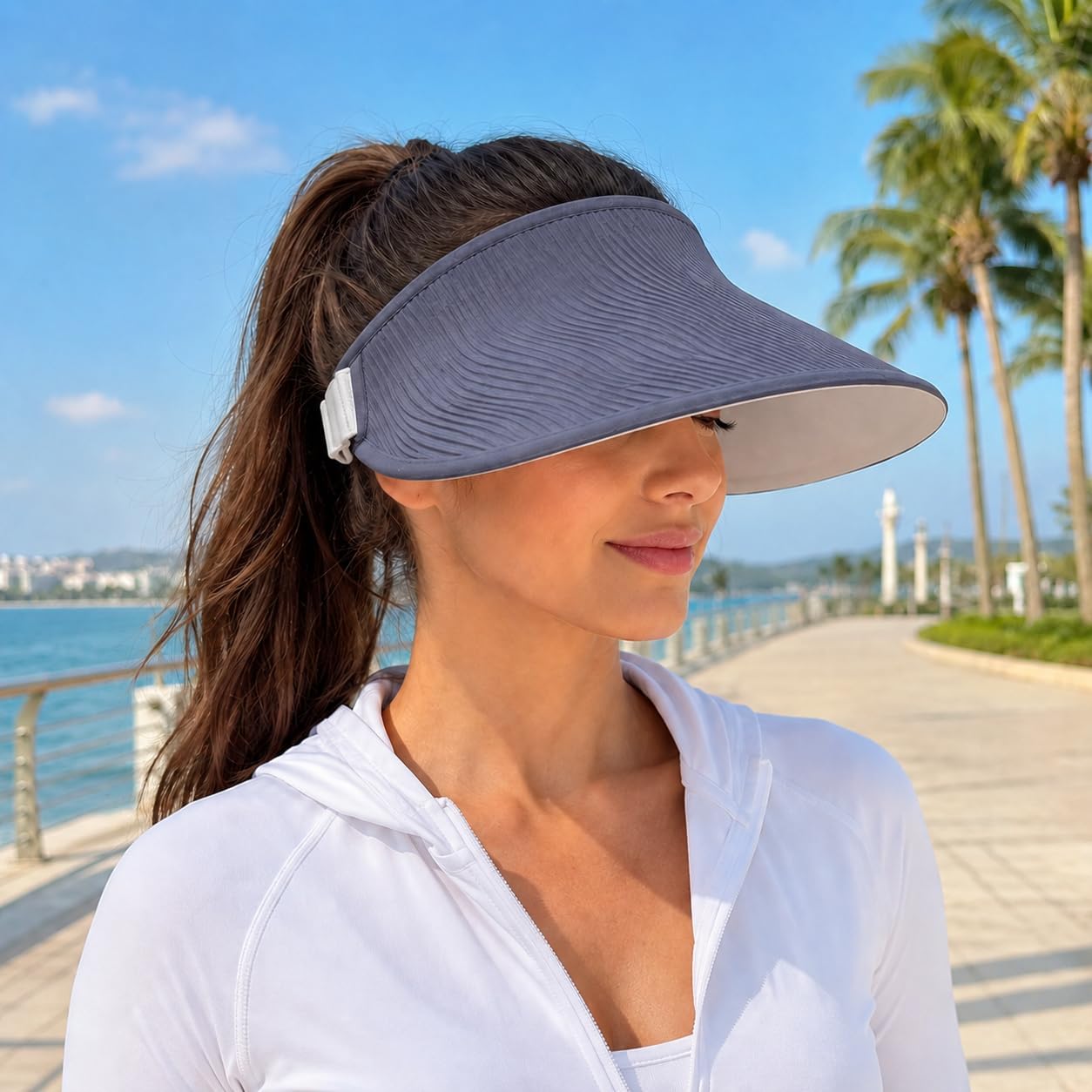Women’s Sun Visor Hat, Wide Brim Open Top Beach Visor Cap for Ponytail, Adjustable UPF 50+ Summer Hat for Travel, Golf, Tennis, Gardening, Walking, Hiking and Outdoor Dark Grey